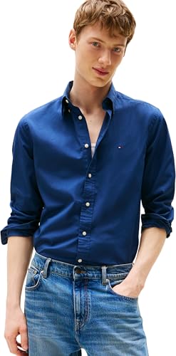 Tommy Hilfiger Herren Hemd Flex Poplin Solid Regular Fit, Blau (Aegean Sea), L