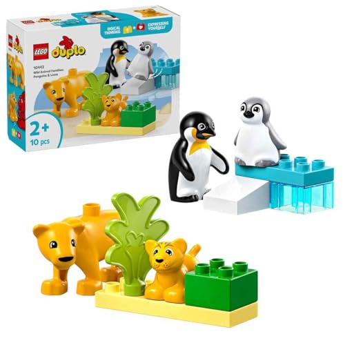 LEGO DUPLO Wildtier-Familien: Pinguine und Löwen – Spielzeug zur Förderung der Feinmotorik für Mädchen & Jungen ab 2 Jahren – Lernspielzeug für Kleinkinder mit 4 Tierfiguren – Geschenkidee – 10442
