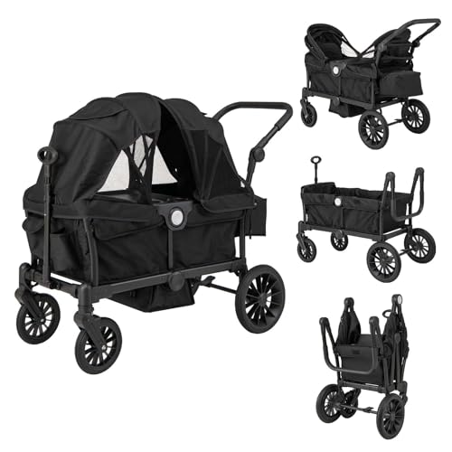 COSTWAY 2 in 1 Geschwisterwagen klappbar, Zwillingskinderwagen mit verstellbarem Griff & abnehmbarem Verdeck, Zwillingsbuggy mit Becherhalter, Tablett, Bollerwagen für 2 Baby ab 6 Monaten (Schwarz)