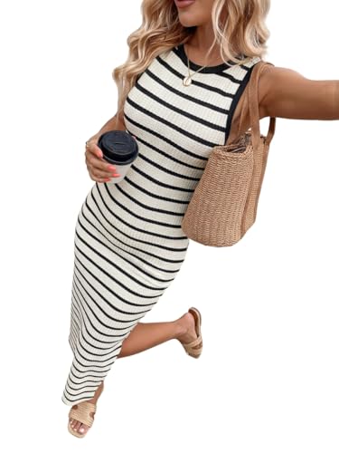 Chicrise Damen Kleider Gestreiftes Sexy Strandkleid Rundhals Enge Ärmelloses Leichter Sommerkleid Long Casual SchwarzWeiß Mittel 38-40 M