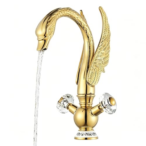 Wasserhahn Bad Gold Schwanenform Waschtischarmatur Kristallgriffe Hoch Waschtischarmatur 360° Schwenkbar Waschbecken Armatur Badarmatur Messing für Badezimmer