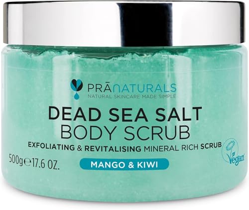 PraNaturals Körperpeeling mit Salz aus dem Toten Meer 500g - Feuchtigkeitsspendend & pflegend, Natürlichen Ölen & Mineralstoffen, keine Parabene, vegan, frei von Tierversuchen (Mango und Kiwi)