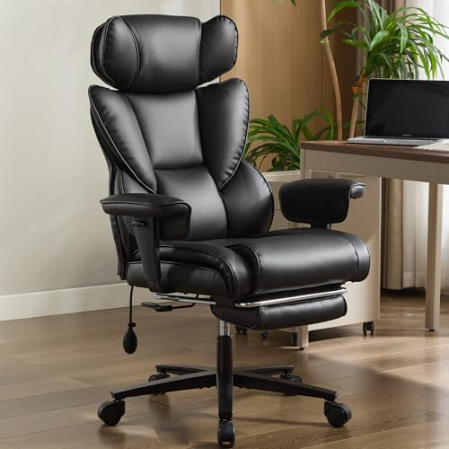 Simore Ergonomischer Bürostuhl bis 200kg, Bürostuhl PU-Leder Home Office Stuhl Chefsessel Schreibtischstuhl mit Fußstütze und Lendenwirbelstütze, Höhenverstellbar 360° Drehstuhl,Schwarz