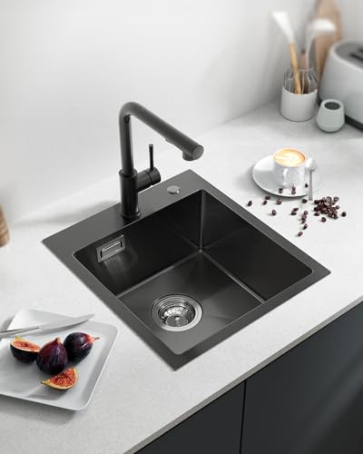 Sofetiy Spülbecken Schwarz 40x45cm, Spüle Schwarz Anthrazit, Küchenspüle Edelstahl für Unterschränke ab 40cm Breite, Waschbecken Küche Klein Edelstahlspüle Einbauspüle inkl. Siphon