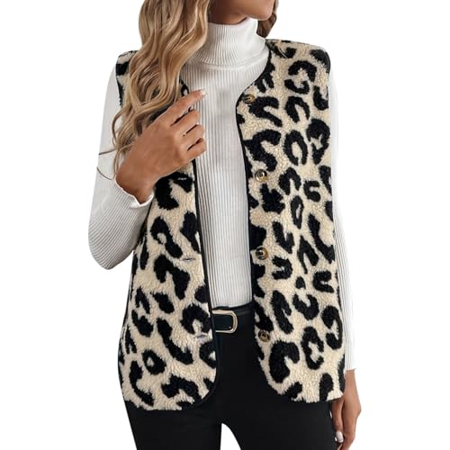 Teddy Weste Damen Elegant Ärmellose Weste Leoparden Oberteil Teddy Jacken Leoprint Fleece Teddyweste