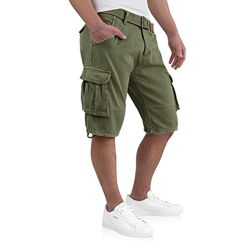 Indicode Kjeld Herren Cargoshorts mit 6 Taschen inkl. Stoffgürtel aus 100% Baumwolle | Kurze Hose Bermuda Sommer Herrenshorts Short Men Pants Cargohose kurz Sommerhose für Männer L, Army