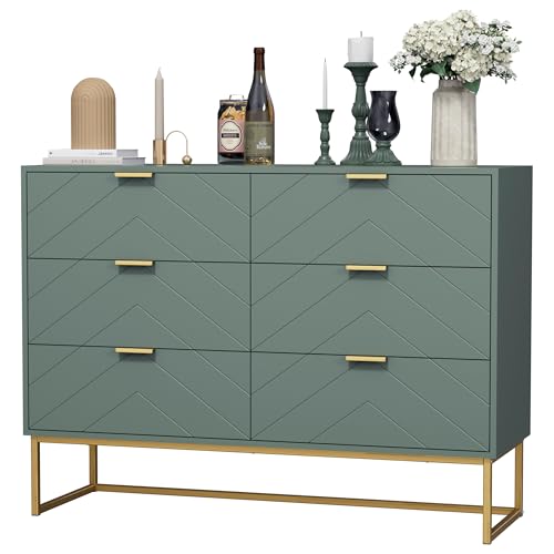 UEV Kommode mit 6 Schubladen Schrank Holz mit Kippsicherung Metallfuß Highboard Sideboard Schmal kommode Beistellschrank für Wohnzimmer Schlafzimmer,Flur 100x34x73,5cm Grün