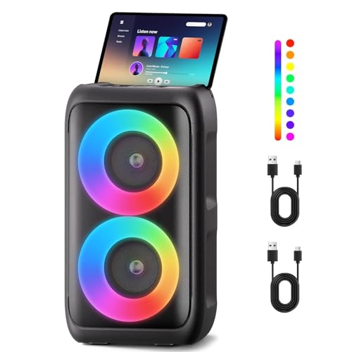 Musikbox Bluetooth Groß mit 2 Mikrofonen, tragbarer 3-in-1 Bluetooth Lautsprecher, Partybox Bluetooth mit Licht, Party-Lautsprecher Outdoor Indoor, Außen-Lautsprecher für TV, Smartphone und Tablet