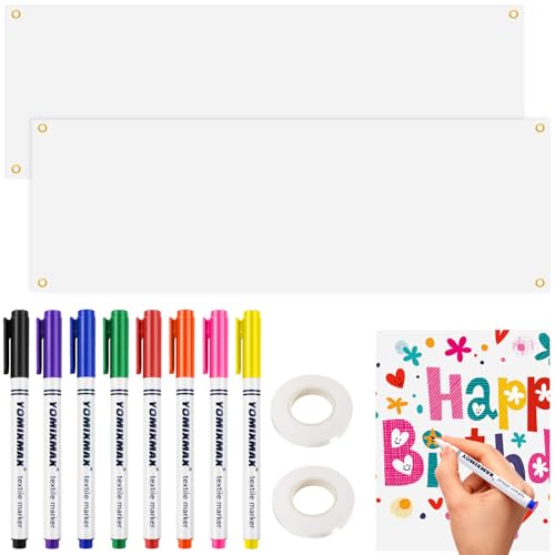 MirraSwit 2 Set Groß Leeres Banner Selbst Gestalten, Blanko Lang Banner Personalisiert 180×60cm mit 2Pcs 6m Hängendem Seil und 8 Textilstifte in Verschiedenen Farben, Geburtstag Plakat für Partys