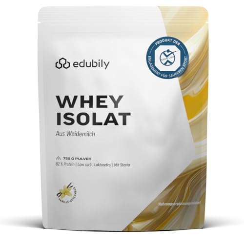 edubily® Whey Protein Isolat - Laktosefrei - Sehr gut lösliches Eiweißpulver ohne Kohlenhydrate & Zucker - Aus irischer Weidehaltung (750 g, Vanille mit Stevia)