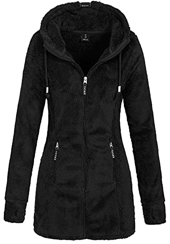Sublevel Damen Teddyfleece-Jacke Mantel LSL-357 mit Kapuze Black XXL