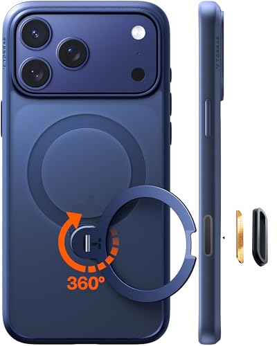 TORRAS Ostand Q3 Spin für iPhone 17 Pro Hülle (360°Stabilen Ständer für Magsafe) Militärschutz Handyhülle für iPhone 17 Pro Case mit Kamera-Tastenschutz Schlank Kratzfeste Matt Rückseite Blau