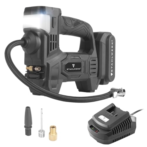 STAHLWERK Akku Druckluftkompressor – 72 Watt Leistung und 2 Ah Akku, Mini Kompressor zum Aufpumpen von Reifen, Bällen und mehr, elektrische Luftpumpe mit Digitalanzeige und Beleuchtung, Luftkompressor