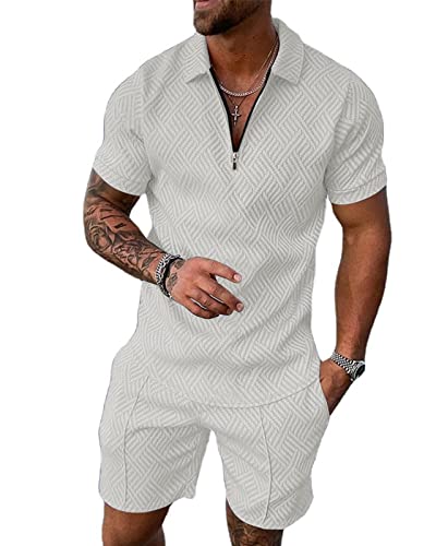 Hoefirm Herren Trainingsanzug Sommeranzug Sets 2 teilig Freizeitanzug Poloshirt mit Halbzip Shorts Kurzärmelig Alltag Urlaub Weiß L