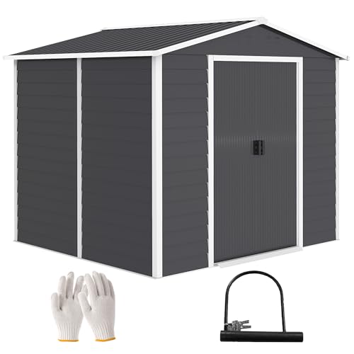 Outsunny Gerätehaus 4,4 m², Gartenhaus mit Pultdach, Schiebetür, Fundament, Einfach Montage 240 x 206 x 198 cm, Geräteschuppen aus Verzinkter Stahl, wetterfest, für Garten, Dunkelgrau