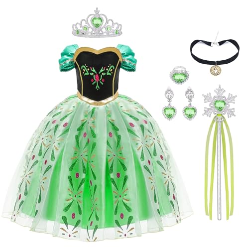 URAQT Mädchen Kostüm Kleid, Kinder Prinzessin Kostüm für Karneval Party Cosplay Verkleidung Halloween Fest Geburtstag, mit Zubehör Krone Zauberstab, 120CM