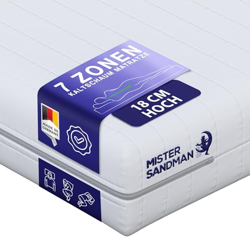 Mister Sandman Kaltschaummatratze 90x200 cm, H2/H3, 18 cm Höhe, Orthopädische 7-Zonen Matratze, Rollmatratze mit waschbarem Bezug, für Seiten-, Rücken- und Bauchschläfer