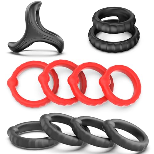 ZYQMEL 10er Set Penisringe aus Silikon – 8 Runde Cockringe (4Schwarz,4 Rot) & 2 Spezialringe – Hochwertiges Silikon, Dehnbar – Liebesspielzeug für Männer & Paare