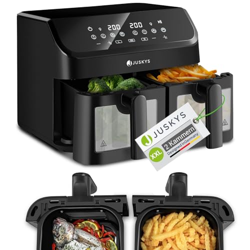 Juskys Airfryer 9 L Doppelkammer - Heißluftfritteuse 2 Kammern, 9 Programme, beschichtet, XXL Fritteuse
