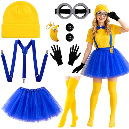Gelbes Kostüm, Halloween Kostüm, 9 Teiliges Faschingskostüme Damen set mit Mütze Handschuhen Hosenträgern Schutzbrille Tutu Schlüsselanhänger Socken und Knöpfen, für Halloween & Partys Geeignet ab 15+