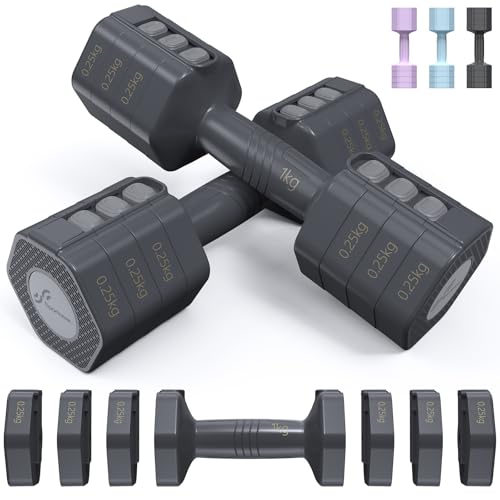 Sportneer Verstellbare Hanteln Frauen Set: Hanteln Set je 1-2,5 kg Gewichte, 4-in-1 Adjustable Hexagon Dumbbell Set, Kurzhanteln 2er Set für Fitness, Home Gym, Krafttraining, Geschenk (Schwarz Grau)