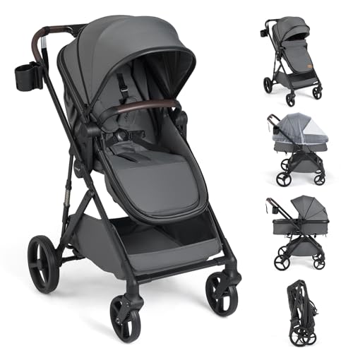 COSTWAY 3 in 1 Kinderwagen faltbar, Kombikinderwagen mit umkehrbarem Sitz & Liegefunktion, Reisebuggy mit verstellbarer Rückenlehne, Verdeck & Netz, Reisesystem tragbar für 0-3 Jahren Baby (Grau)
