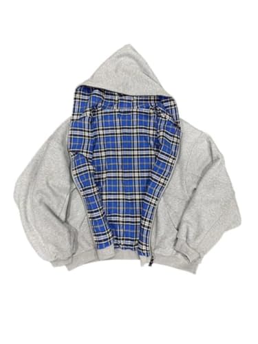 yssgtt Herren Hoodie mit Reißverschluss Reversible Karierte Jacke Y2K Kapuzenpulli Kapuzenjacke
