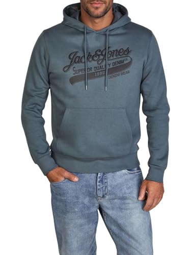 JACK & JONES Hoodie Herren Regular Fit JJEADRIAN Kapuzenpullover Pullover Sweater Print Blau M, Größe:M, Farbe:Dark Slate (Superior)