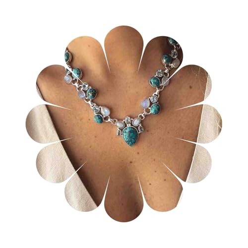 Yheakne Boho Türkis Mondstein Halskette Silber Opal Mondstein Teardrop Halskette Natürliche Edelstein Halskette Vintage Statement Halskette Kettenschmuck Für Frauen Und Mädchen