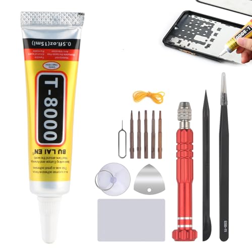 T8000 Handy Display Kleber mit Werkzeug,Universal Display Kleber Smartphone für Gehäuseteile, Display, Glas, Keramik, Metall, Stoff, Holz,mit Kleinen Präzisionsnadeln, Anti-Verstopfung(15 ml)