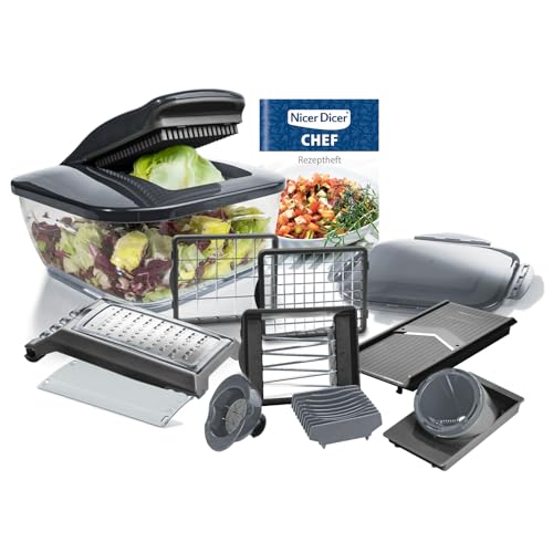 Nicer Dicer Chef - Set mit 15 Gemüseschneidern - Zwiebelschneider, Salatschneider, Pommes-Frites-Schneider, gewellter Gemüseschneider, Multizerkleinerer für Obst, Gemüse, Küchenutensilien