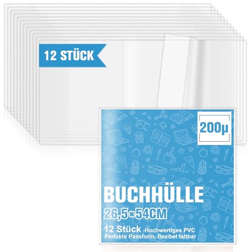 12 Stück Buchumschläge Schulbücher Höhe 26,5 x 54 cm Transparent PVC 200µ Buchhülle mit Kantenschutz Sparpack für Schüler Bücherliebhaber