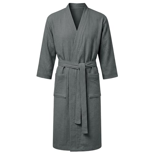 AUYAO Bademantel Herren Damen, Leichter Bademantel Waffelpique (Grau-XL)