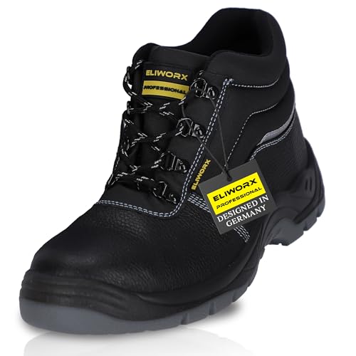 ELIWORX Arbeitsschuhe Herren Sicherheitsschuhe S3 SR aus Rindsleder - Terra High - Mit Stahlkappe, Atmungsaktiv, Durchtrittsichere Zwischensohle aus Stahl, besonders rutschhemmend - Schwarz - 44