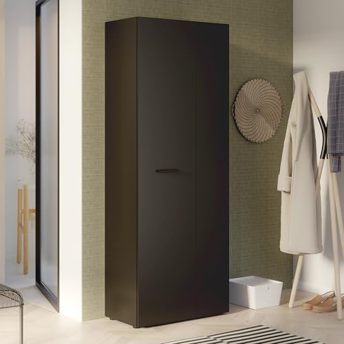 FORTE NET106 Schrank 70 180, Mehrzweckschrank, Staubsaugerschrank, Abstellraum, Drehtürenschrank, 2-türig mit Einlegeböden, Schwarz, 68,7 cm breit x 181,1 cm hoch x 36,5 cm tief