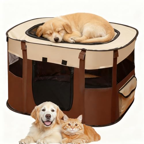 Faltbarer Welpenlaufstall - Rechteckiger Hundezwinger für Innen/Outdoor, Welpenauslauf mit Tragetasche, für Hunde, Katzen und Kleintiere(70x55x40cm) (Braun)