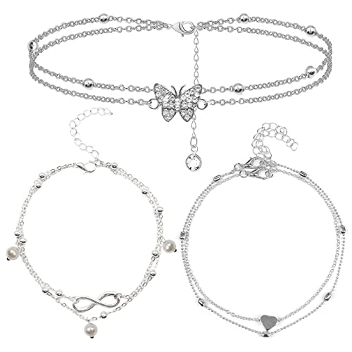 3 Stück Boho Fußkettchen Set, Verstellbare Zweireihige Fußkette, Wasserfestes Modeschmuck für Frauen Mädchen - Strand Style