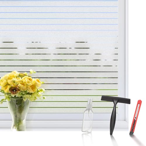 aboveBED Fensterfolie Blickdicht 44.5X200 cm, Sichtschutzfolie Fenster Milchglasfolie mit Streifen, Selbstklebende statische Folie für Fenster im Bad, Büro & Wohnzimmer