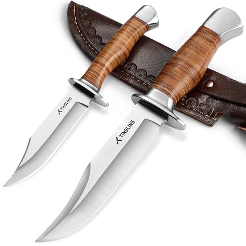 Tingling Jagdmesser Feststehende Klinge 2 Teilig: Outdoor Messer Set für Camping mit Lederscheide, Gürtelmesser Komfortablem Griff für Jagd Bushcraft Survival