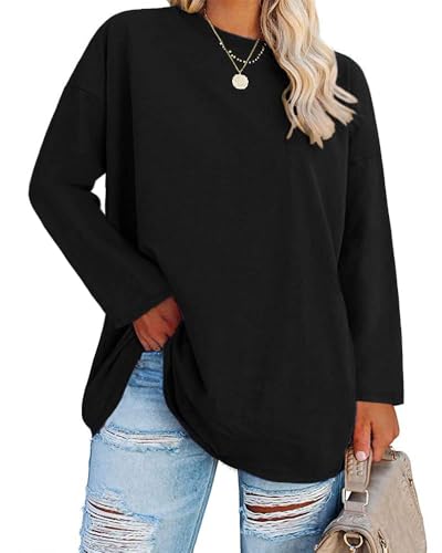 Fisoew Große Größen Langarmshirt Damen Oversize Plus Size T Shirts Rundhalsausschnitt Pullover Basic Tunika Tops Oberteile,Schwarz,4XL