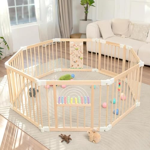 Baby Laufstall mit Spielzeug, Faltbares Holz Laufgitter 146×146×61cm