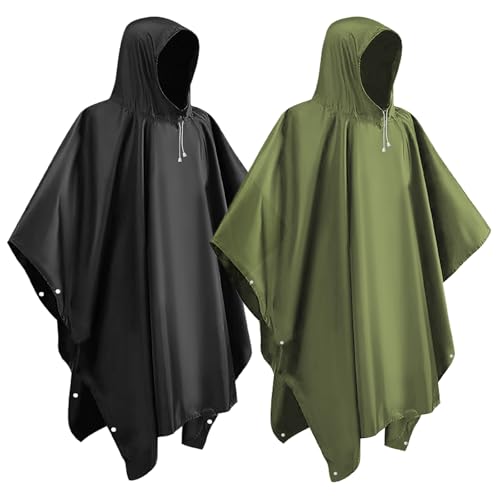lohey 2 Stück EVA Regenponcho, Wasserdicht Regenmantel für Damen und Herren, Wiederverwendbar Regencape mit Kapuze für Camping, Angeln, Freizeitparks, Festivals(Schwarz&Grün)
