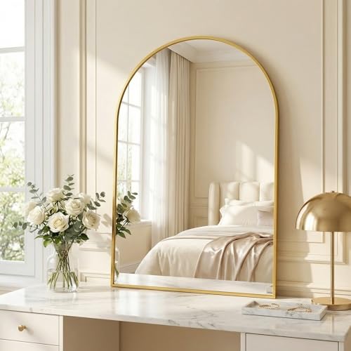 BEAUTYPEAK Bogen Wandspiegel mit Gold, 76x51 cm Bruchsichere Aluminiumlegierung Rahmen Bad Spiegel, Wand montierbar und zuverlässige Bogen Wandspiegel, geeignet für Schlafzimmer, Eingang, Bad