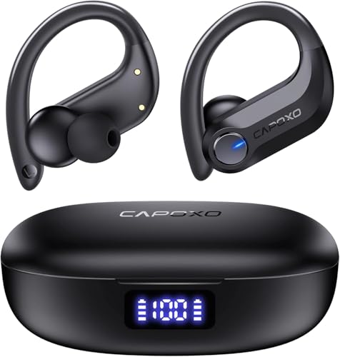 CAPOXO Bluetooth-Kopfhörer, kabellose Ohrhörer, 120 Stunden Spielzeit, IPX7, wasserdicht, Sport-Kopfhörer, 2600 mAh, kabellose Ladehülle, Headset mit Over-Ear-Ohrbügel, LED-Power-Anzeige, Mikrofone