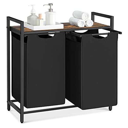 VASAGLE Wäschekorb 2 Fächer, Wäschesammler mit Ablage, Wäschebox, Wäschesack aus Oxford-Gewebe abnehmbar, Metallrahmen, 2 x 46 L, 73 x 33 x 72 cm, tintenschwarz-vintagebraun BLH201B01