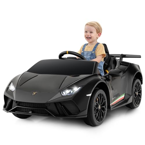FANTASK Kinderauto Elektrisch Lamborghini, 12V 3 Gang Elektrofahrzeuge mit Fernbedienung & LED-Leuchten & Hupe & Musik & USB (Schwarz)
