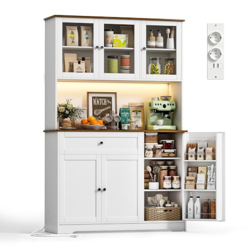 Wumagin Küchenschrank Weiß, Buffetschrank mit Gewürzregal, LED, Steckdose