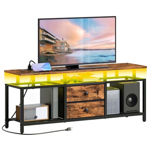 YATINEY TV-Schrank, für Fernseher bis zu 45'', TV Board mit Ladestation und LED-Lichtleiste, Fernsehtisch, Fernsehschrank mit Schubladen und Ablagen, für Wohnzimmer, Rustikalbraun XDS03CDBR