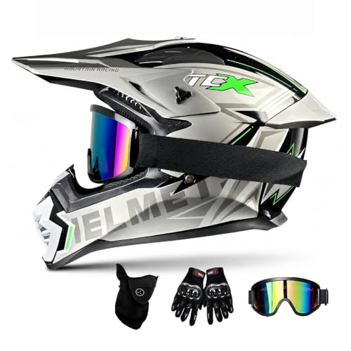Motocross Helm Set mit Brille, Handschuhe & Sturmhaube, Crosshelm Fullface Enduro Dirt Bike Quad Supermoto Downhill MTB Helm für Erwachsene (Metallic, S-M(55-58cm))