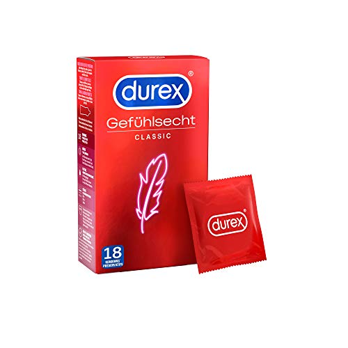 Durex Gefühlsecht Classic Kondome – Dünne Kondome mit anatomischer Easy-On-Form & mit Silikongleitgel befeuchtet –1er Pack (18 Stück)